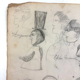 Many Faces in Profile, Wonderful c. 1880s Naive Graphite Drawing, with Inked Cow on Reverse!