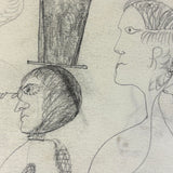 Many Faces in Profile, Wonderful c. 1880s Naive Graphite Drawing, with Inked Cow on Reverse!
