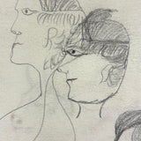 Many Faces in Profile, Wonderful c. 1880s Naive Graphite Drawing, with Inked Cow on Reverse!