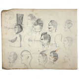 Many Faces in Profile, Wonderful c. 1880s Naive Graphite Drawing, with Inked Cow on Reverse!