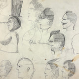 Many Faces in Profile, Wonderful c. 1880s Naive Graphite Drawing, with Inked Cow on Reverse!