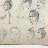 Many Faces in Profile, Wonderful c. 1880s Naive Graphite Drawing, with Inked Cow on Reverse!