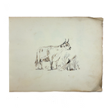 Many Faces in Profile, Wonderful c. 1880s Naive Graphite Drawing, with Inked Cow on Reverse!