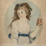 Young Woman with Mask, 19th C. Folk Art Watercolor in Period Frame