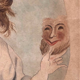 Young Woman with Mask, 19th C. Folk Art Watercolor in Period Frame