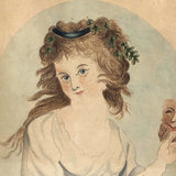 Young Woman with Mask, 19th C. Folk Art Watercolor in Period Frame