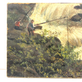Two Fisherman at Waterfall, Earlier 19th Century Small Mounted Oil on Linen Painting  (Presumed Fragment)