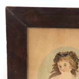 Young Woman with Mask, 19th C. Folk Art Watercolor in Period Frame