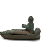SOLD Carved Figure in Wood and Leather Boat or Sled, Antique Folk Art Carving