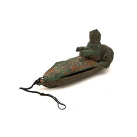 SOLD Carved Figure in Wood and Leather Boat or Sled, Antique Folk Art Carving