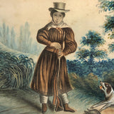 Woman with Rifle and Hunting Dog, 19th C. Folk Art Watercolor in Period Frame