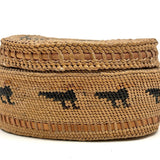Charming Macah-Nootka Bear Grass Basket with Marching Black Ducks and Plaited Lid
