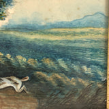 Woman with Rifle and Hunting Dog, 19th C. Folk Art Watercolor in Period Frame