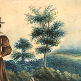 Woman with Rifle and Hunting Dog, 19th C. Folk Art Watercolor in Period Frame