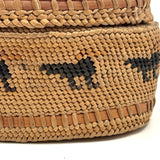 Charming Macah-Nootka Bear Grass Basket with Marching Black Ducks and Plaited Lid
