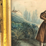 Woman with Rifle and Hunting Dog, 19th C. Folk Art Watercolor in Period Frame