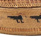 Charming Macah-Nootka Bear Grass Basket with Marching Black Ducks and Plaited Lid