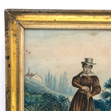 Woman with Rifle and Hunting Dog, 19th C. Folk Art Watercolor in Period Frame