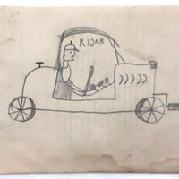 Excellent Child's School Book Drawing, Boy Driving Car with Hand Crank