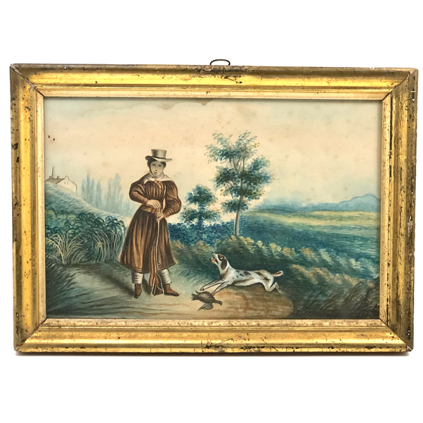 Woman with Rifle and Hunting Dog, 19th C. Folk Art Watercolor in Period Frame