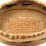 Charming Macah-Nootka Bear Grass Basket with Marching Black Ducks and Plaited Lid