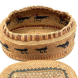 Charming Macah-Nootka Bear Grass Basket with Marching Black Ducks and Plaited Lid