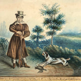 Woman with Rifle and Hunting Dog, 19th C. Folk Art Watercolor in Period Frame