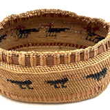 Charming Macah-Nootka Bear Grass Basket with Marching Black Ducks and Plaited Lid