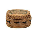 Charming Macah-Nootka Bear Grass Basket with Marching Black Ducks and Plaited Lid