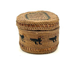 Charming Macah-Nootka Bear Grass Basket with Marching Black Ducks and Plaited Lid