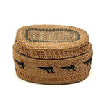 Charming Macah-Nootka Bear Grass Basket with Marching Black Ducks and Plaited Lid