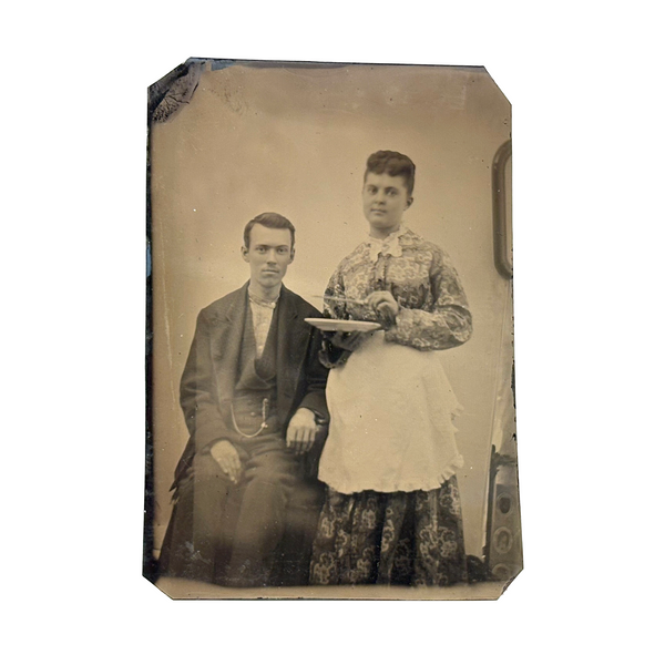 Beatific Wife Subtly Pointing Knife at Husband, Wonderfully Subversive Feeling Antique Sixth Plate Tintype