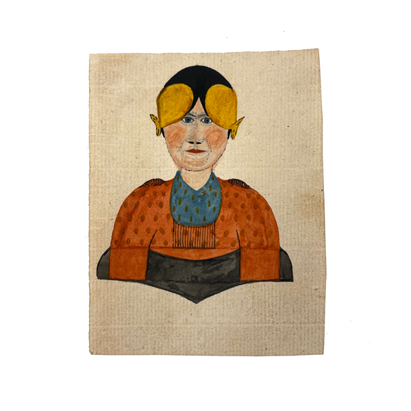 Marvelous Small Portrait of Woman in Dutch Fresian "Ear Iron"Headdress, 19th Century Watercolor Portrait on Laid
