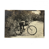 Pushing Forward, Boy in Cap on Bike, Antique Snapshot Photo