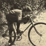 Pushing Forward, Boy in Cap on Bike, Antique Snapshot Photo