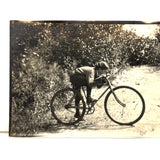 Pushing Forward, Boy in Cap on Bike, Antique Snapshot Photo