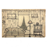 Charming Naive Ink and Graphite Interior Drawing With Pattern Everywhere, Earlier 20th Century