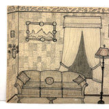 Charming Naive Ink and Graphite Interior Drawing With Pattern Everywhere, Earlier 20th Century