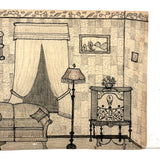 Charming Naive Ink and Graphite Interior Drawing With Pattern Everywhere, Earlier 20th Century