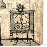 Charming Naive Ink and Graphite Interior Drawing With Pattern Everywhere, Earlier 20th Century