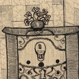 Charming Naive Ink and Graphite Interior Drawing With Pattern Everywhere, Earlier 20th Century