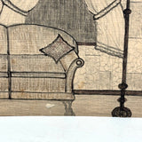 Charming Naive Ink and Graphite Interior Drawing With Pattern Everywhere, Earlier 20th Century