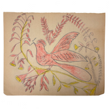 Pink and Yellow Bird #2, Worm in Beak, Pennsylvania Folk Drawing c. 1900