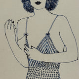 Electric Feeling Blue Ink Pin Up with Wide Eyes, Claw-like Hands, and Great Patterns
