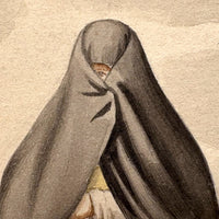 Marvelous Antique Watercolor of Two Peruvian "Tapada Limeña"  Veiled Women with One Eye Exposed