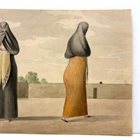 Marvelous Antique Watercolor of Two Peruvian "Tapada Limeña"  Veiled Women with One Eye Exposed