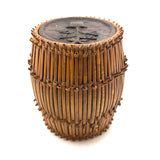 Early 20th C. Basketry Covered Carved Barrel with Interior Drawer and Relief Carved Flowers
