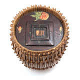 Early 20th C. Basketry Covered Carved Barrel with Interior Drawer and Relief Carved Flowers