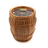 Early 20th C. Basketry Covered Carved Barrel with Interior Drawer and Relief Carved Flowers