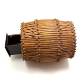 Early 20th C. Basketry Covered Carved Barrel with Interior Drawer and Relief Carved Flowers